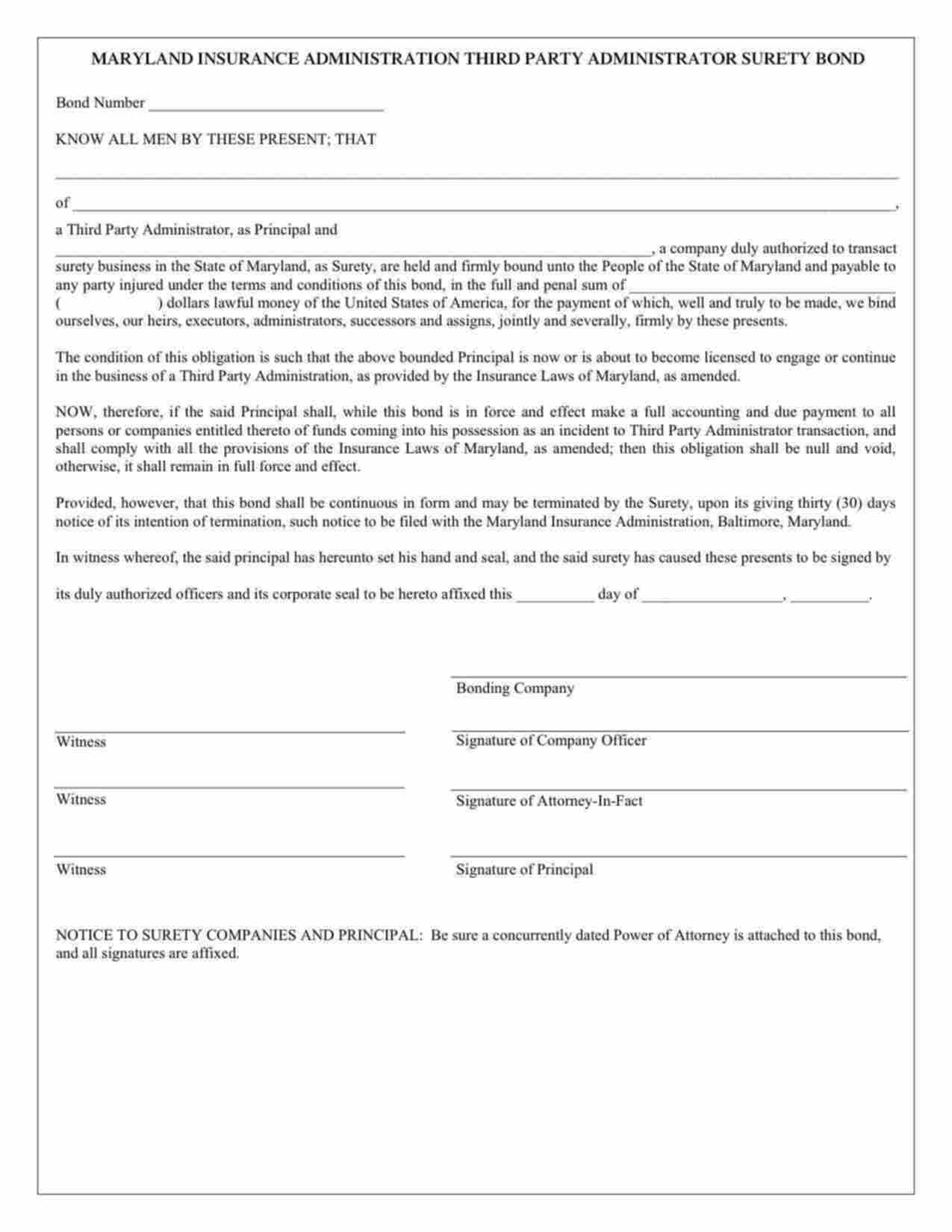 Maryland Third Party Administration Bond Form