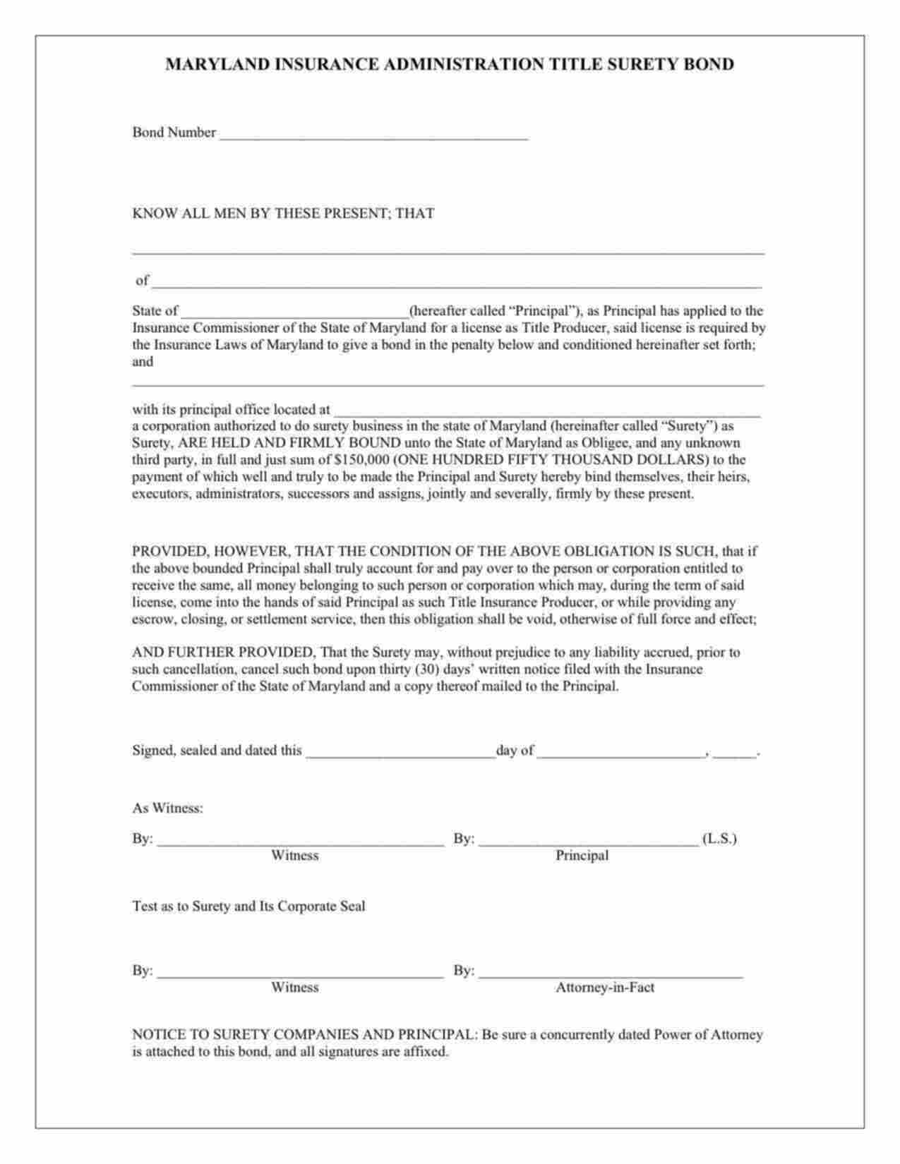 Maryland Insurance Administrator Title Producer Bond Form