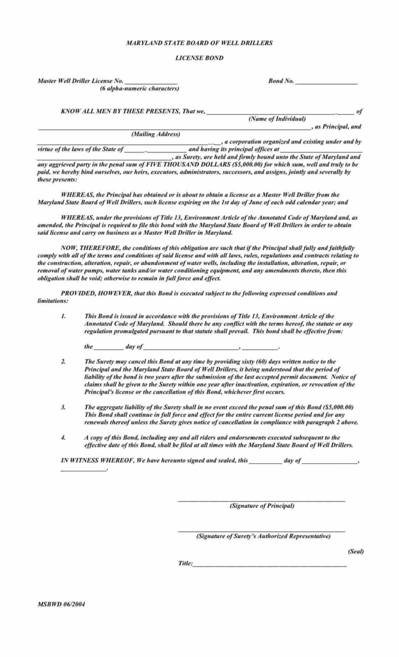 Maryland Master Well Driller License Bond Form