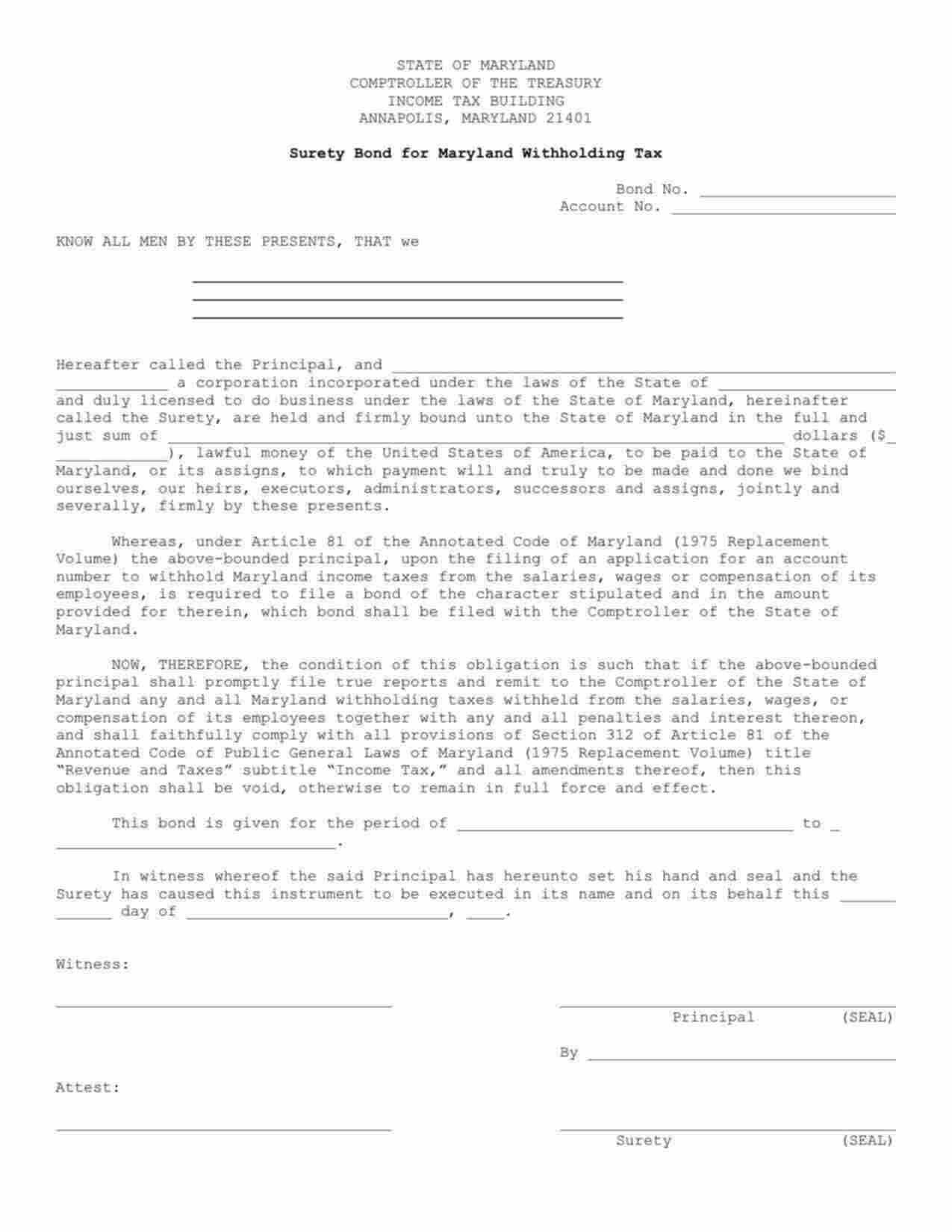 Maryland Withholding Tax Bond Form