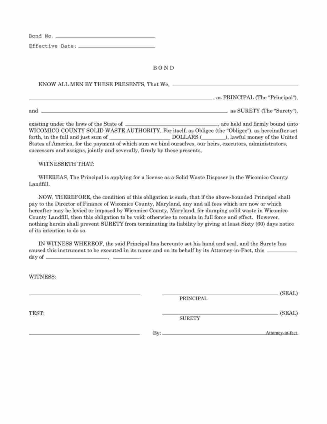 Maryland Solid Waste Disposer Bond Form