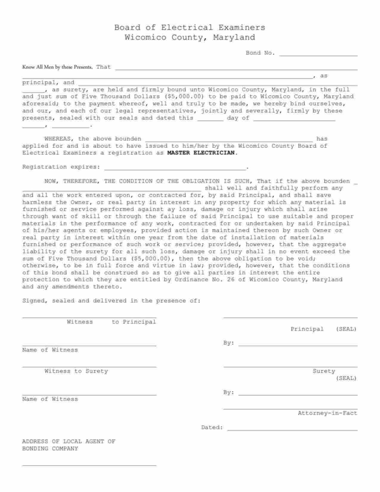 Maryland Master Electrician Bond Form