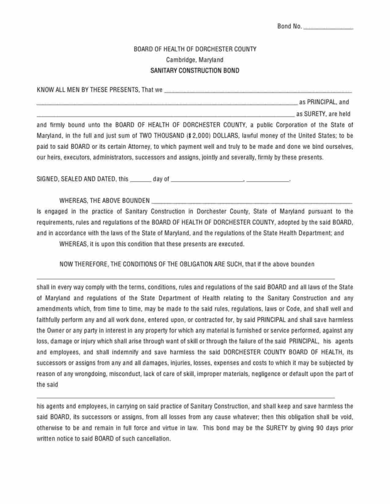 Maryland Sanitary Construction Bond Form