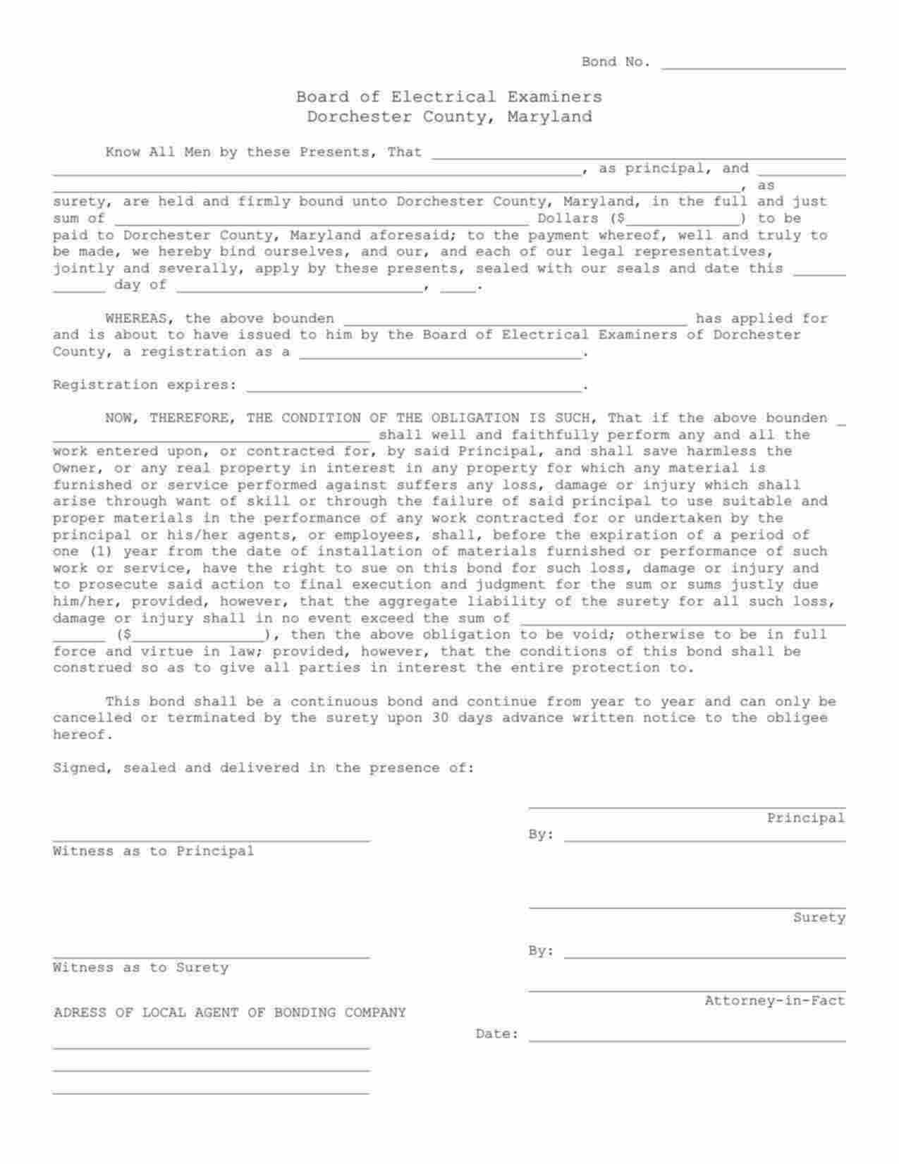 Maryland Electrician Bond Form