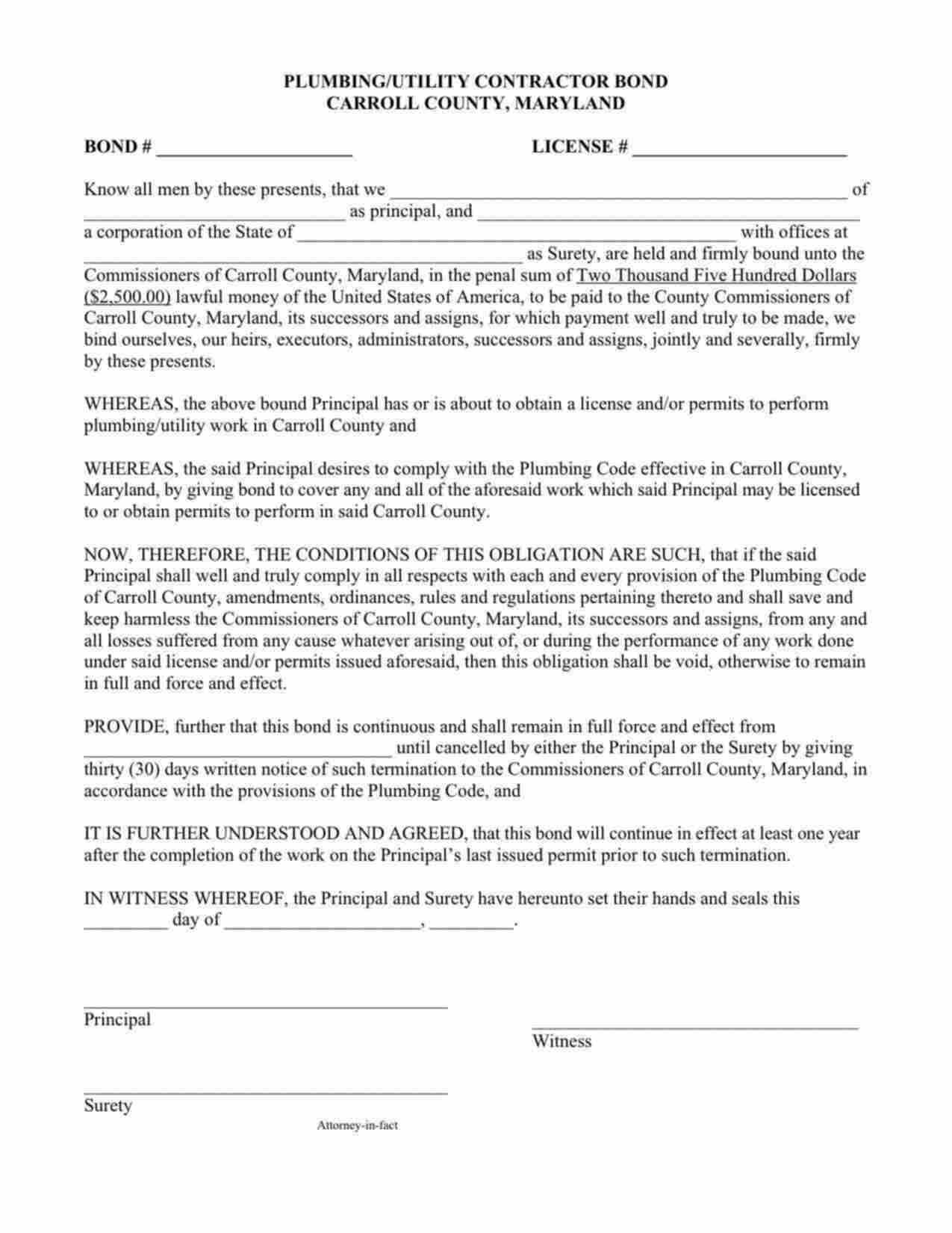 Maryland Plumbing/Utility Contractor Bond Form