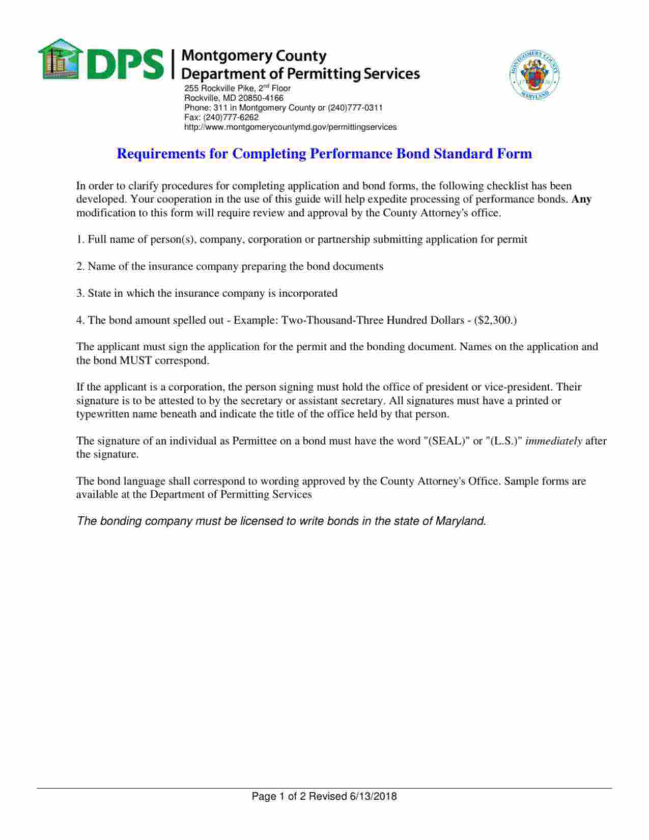 Maryland Sediment Control Performance Bond Form