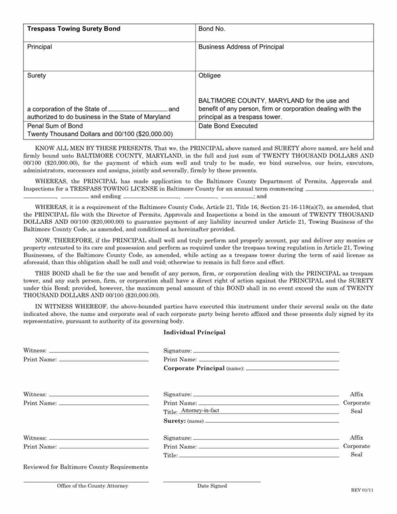 Maryland Trespass Towing Bond Form