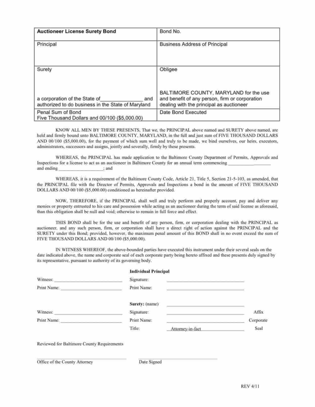 Maryland Auctioneer Bond Form