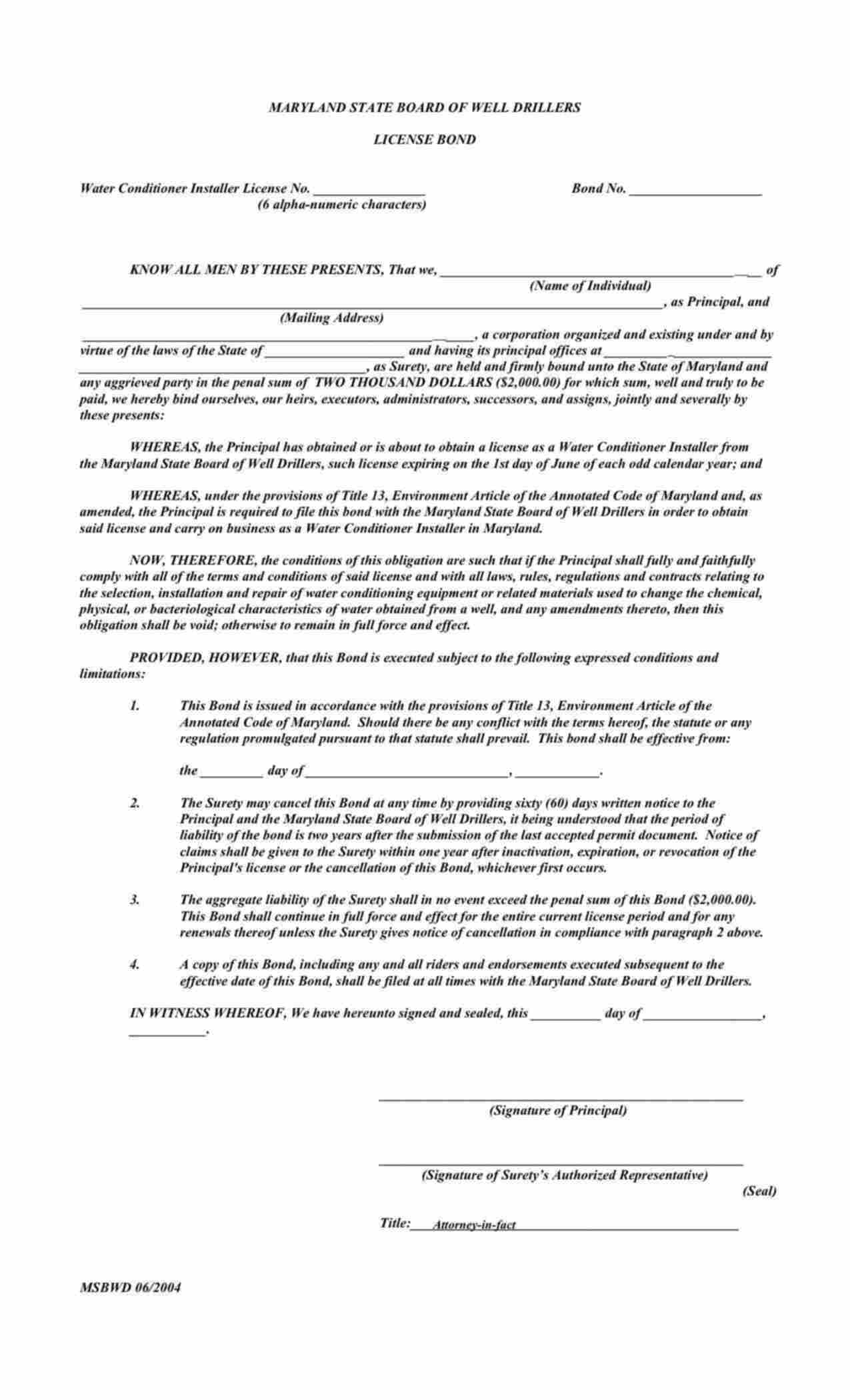 Maryland Water Conditioner Installer Bond Form