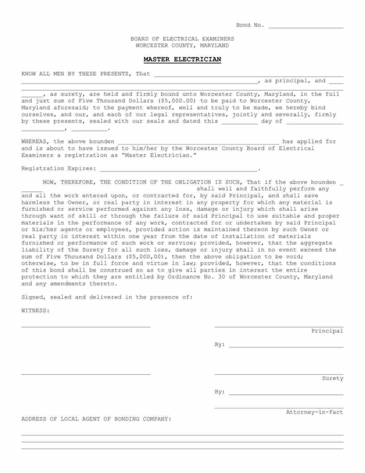 Maryland Master Electrician Bond Form