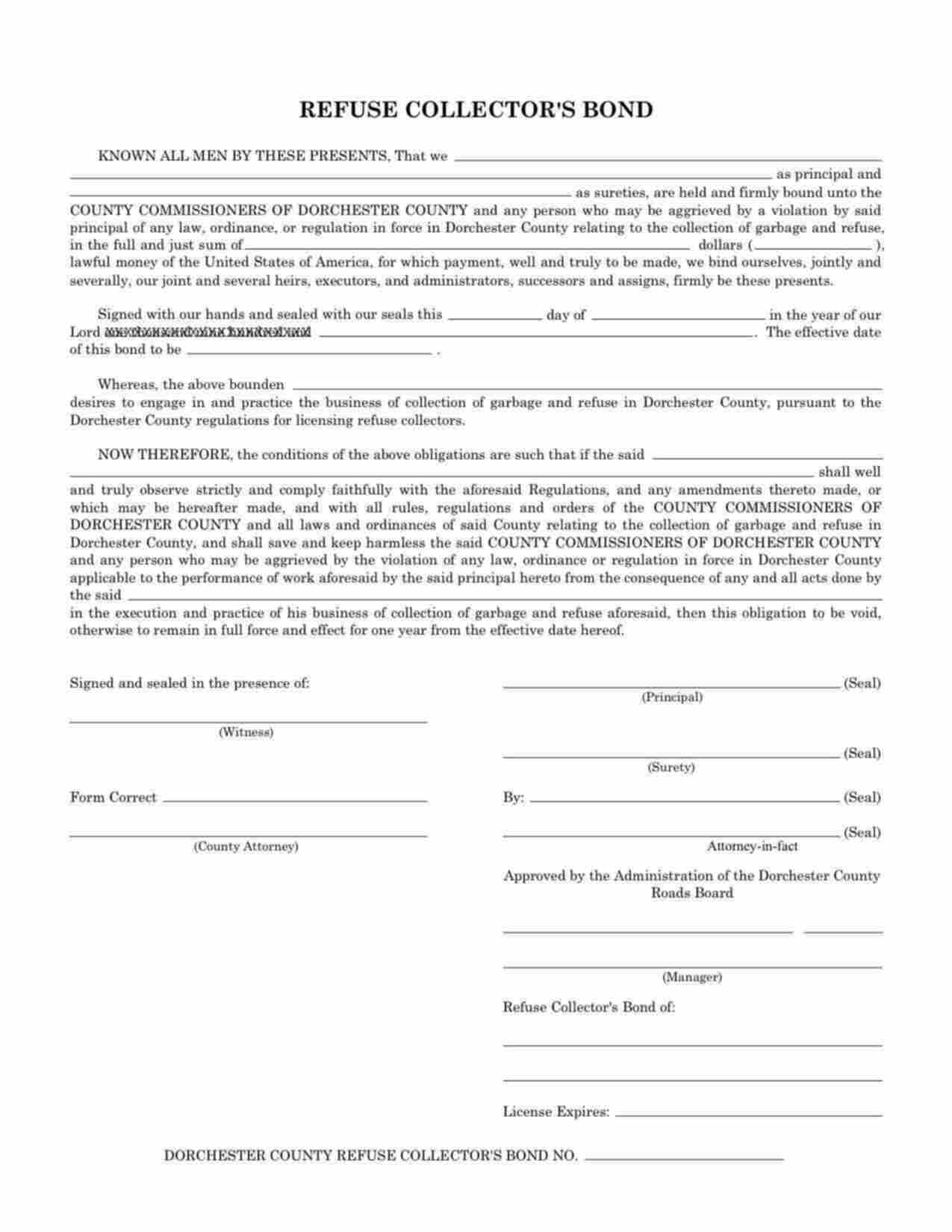 Maryland Refuse Collector Bond Form