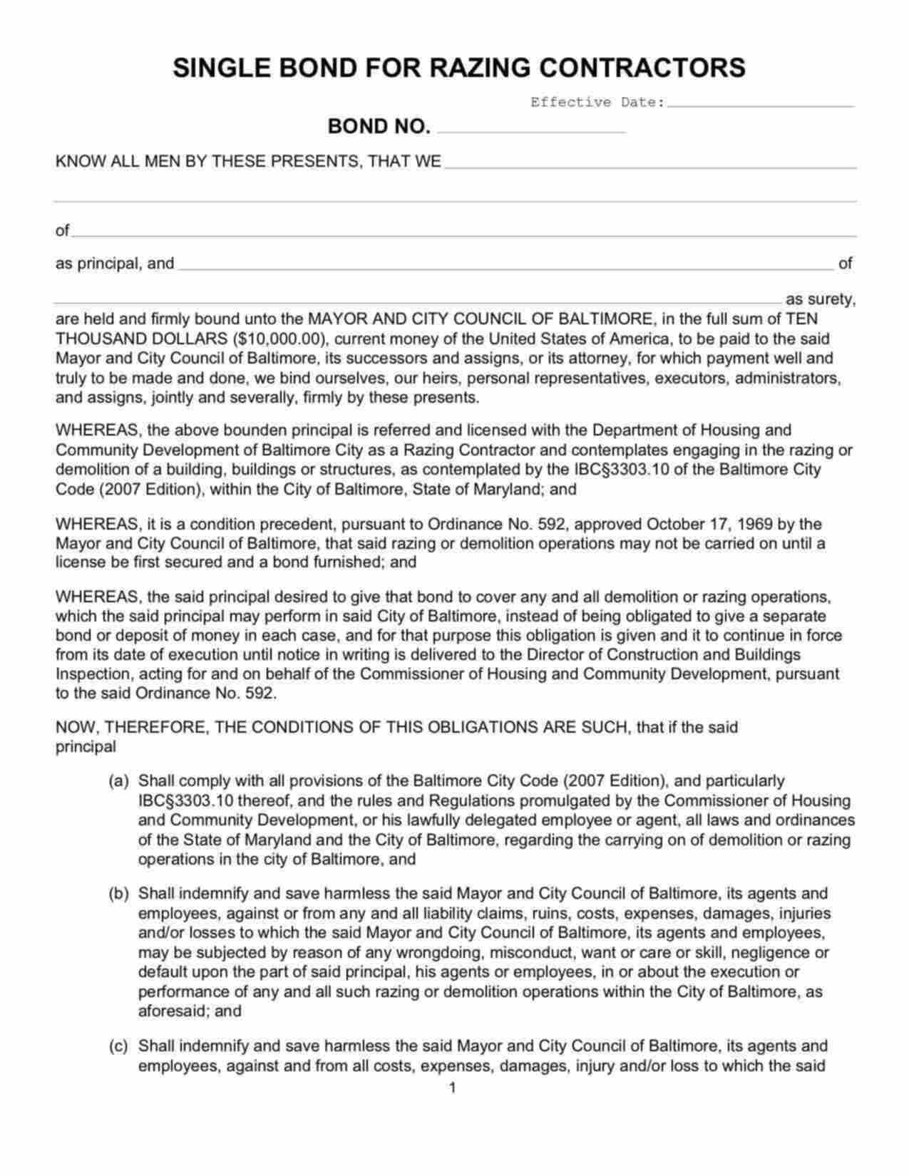 Maryland Razing Contractor Bond Form