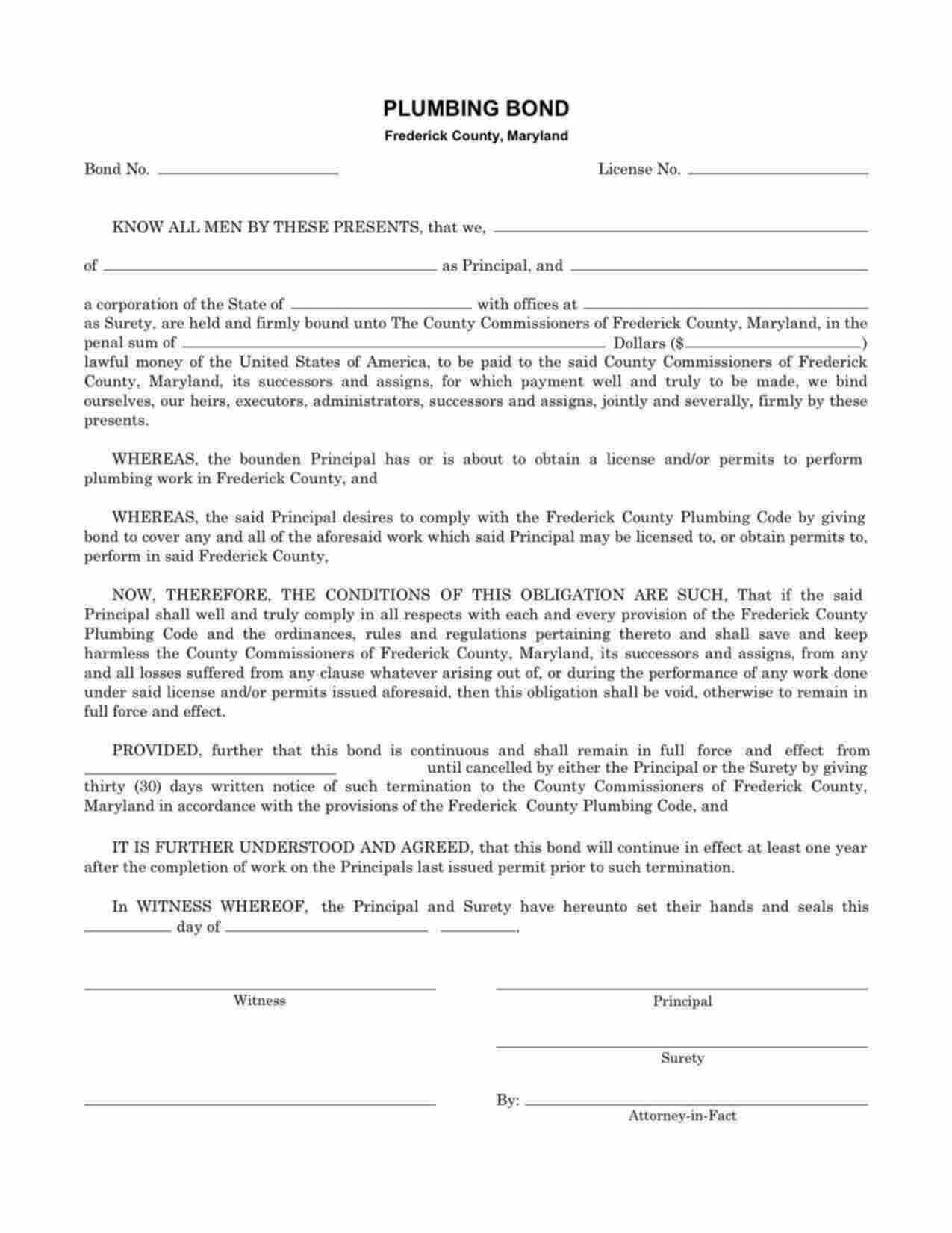 Maryland Plumbing Contractor Bond Form