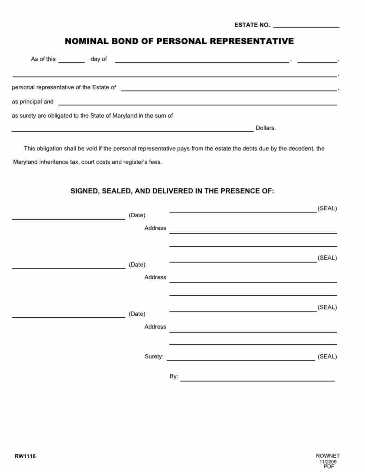 Maryland Personal Representative (Nominal) Bond Form