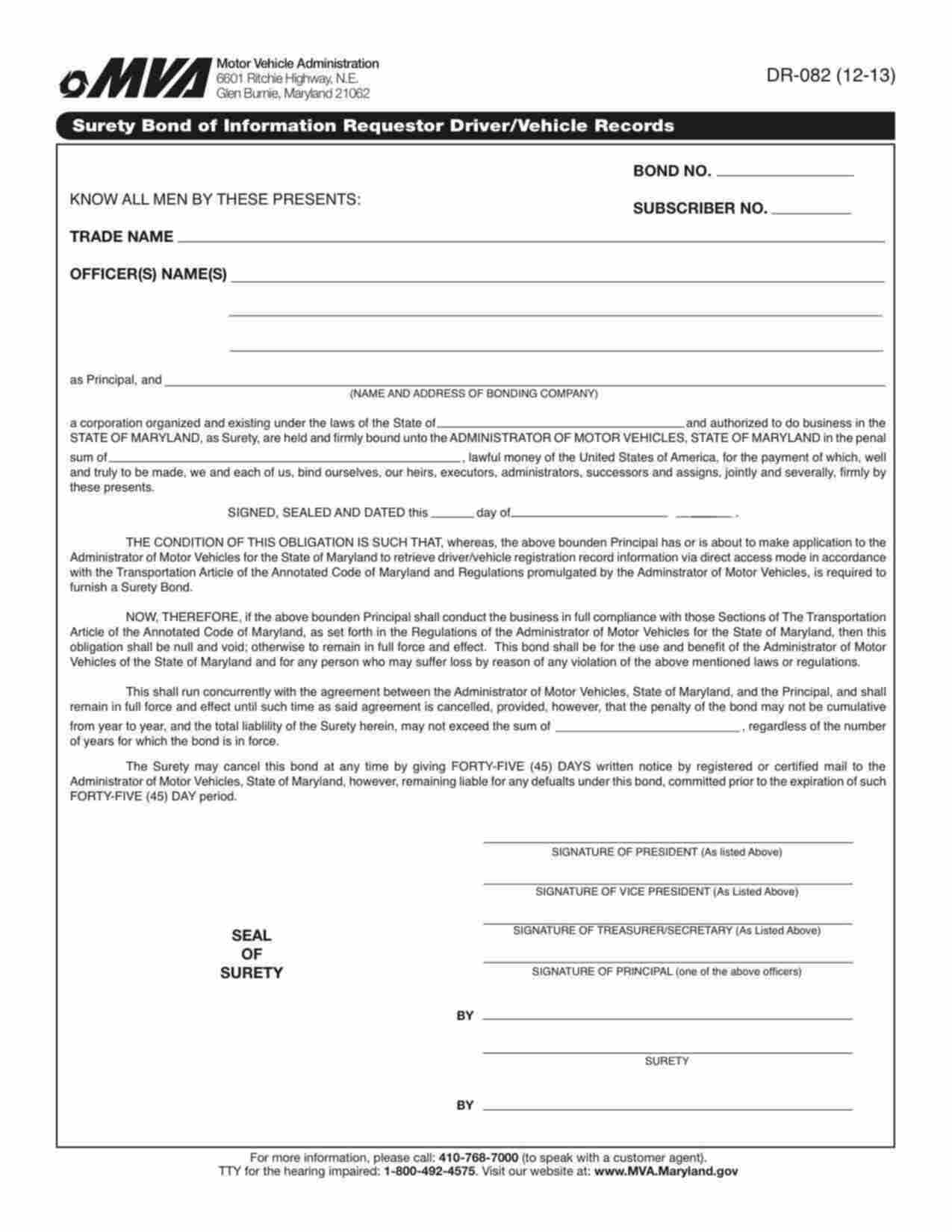 Maryland Information Requestor of Driver/Vehicle Records Bond Form