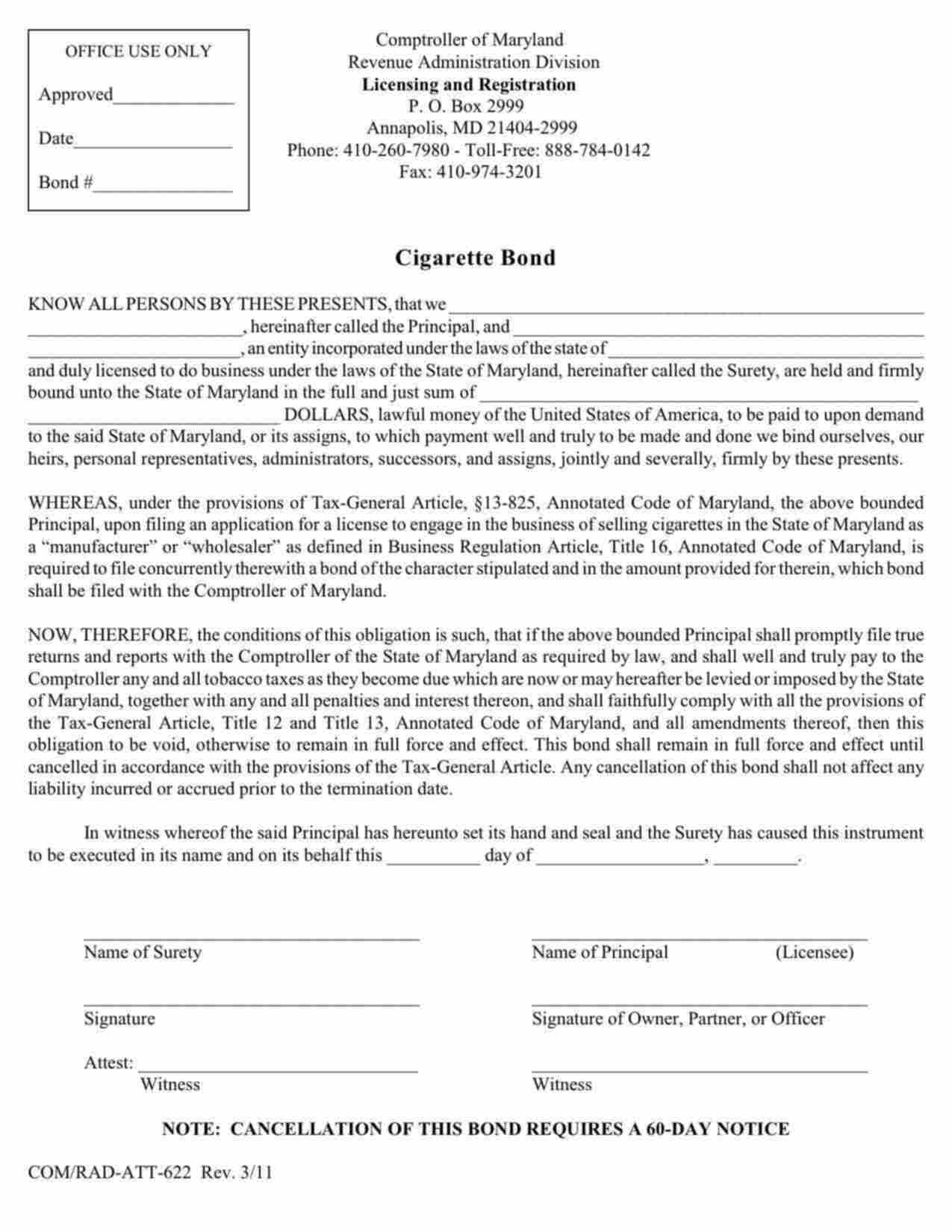 Maryland Cigarette Tax Bond Form