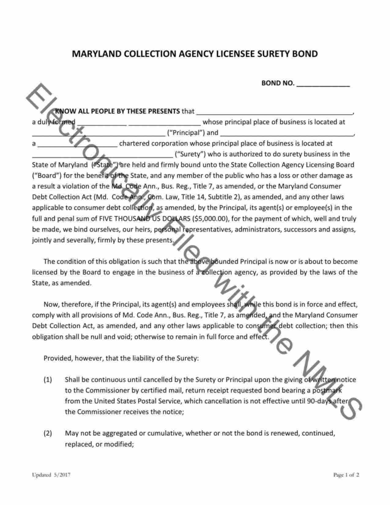 Maryland Collection Agency Bond Form