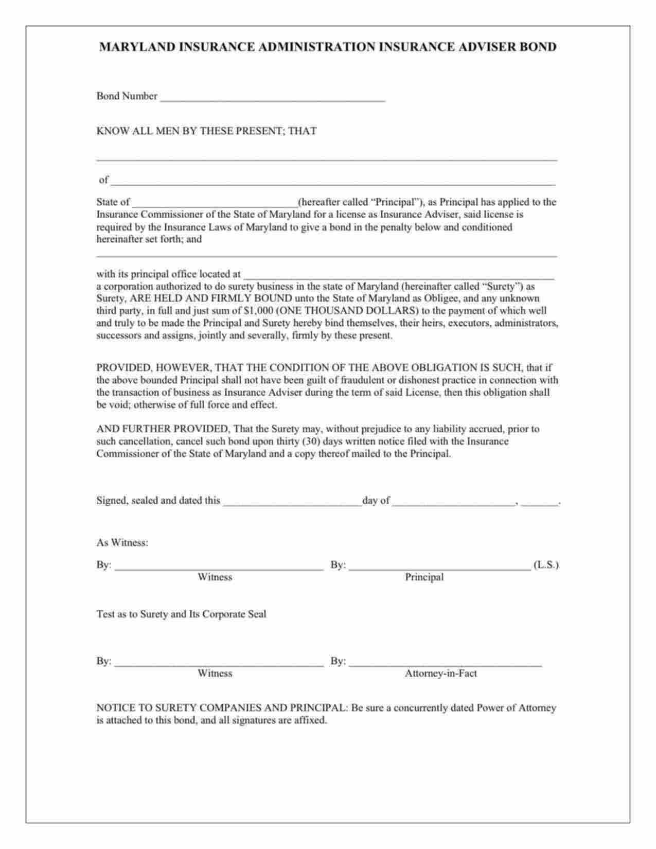 Maryland Insurance Adviser Bond Form