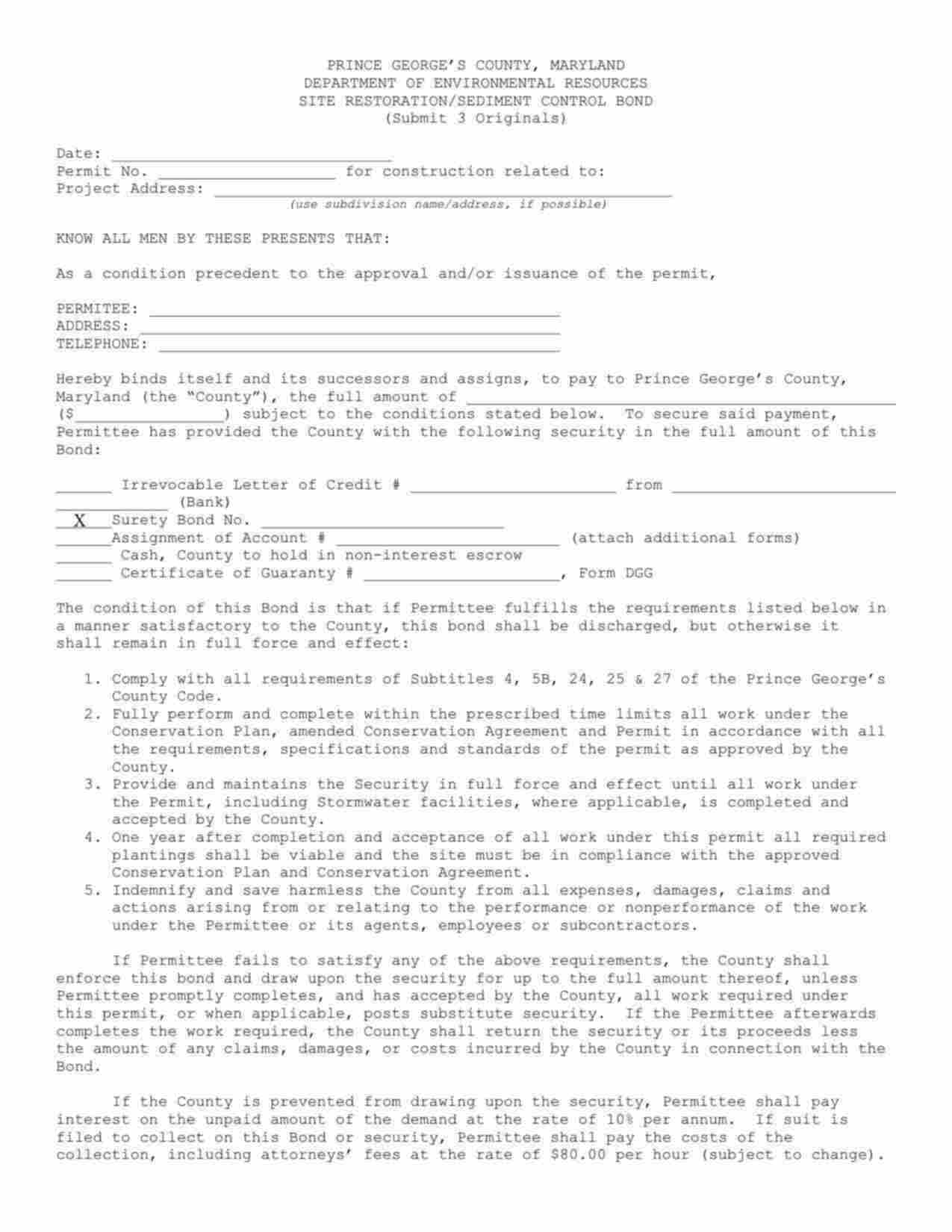 Maryland Site Restoration/Sediment Control Bond Form