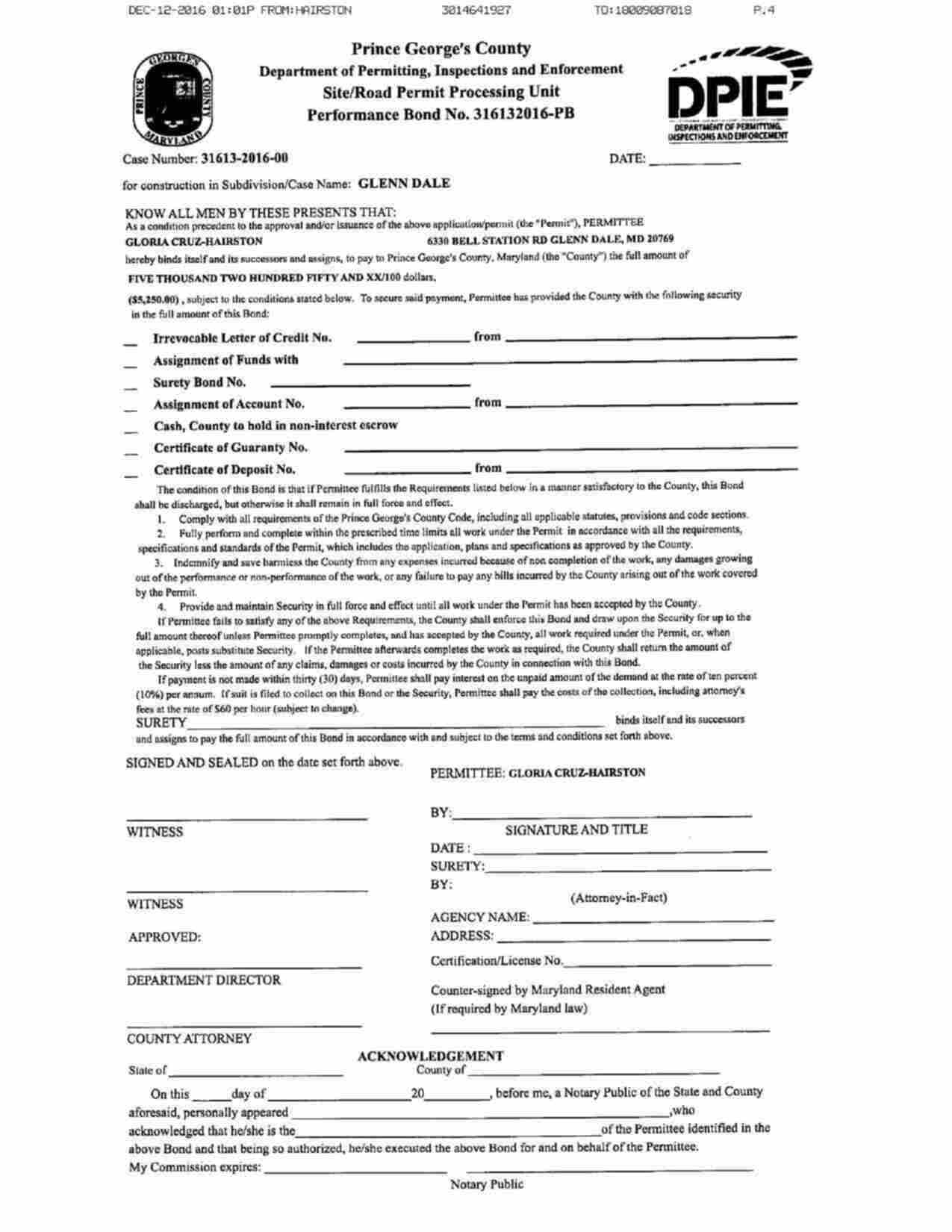 Maryland Performance Bond Form