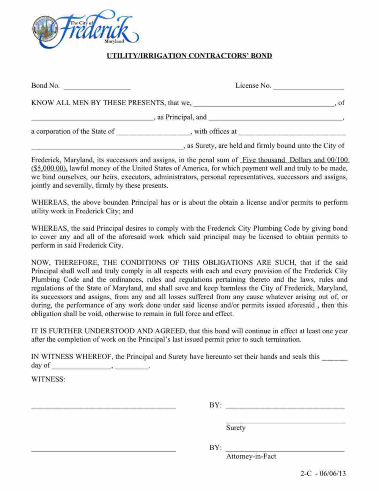 Maryland Utility/Irrigation Contractor Bond Form