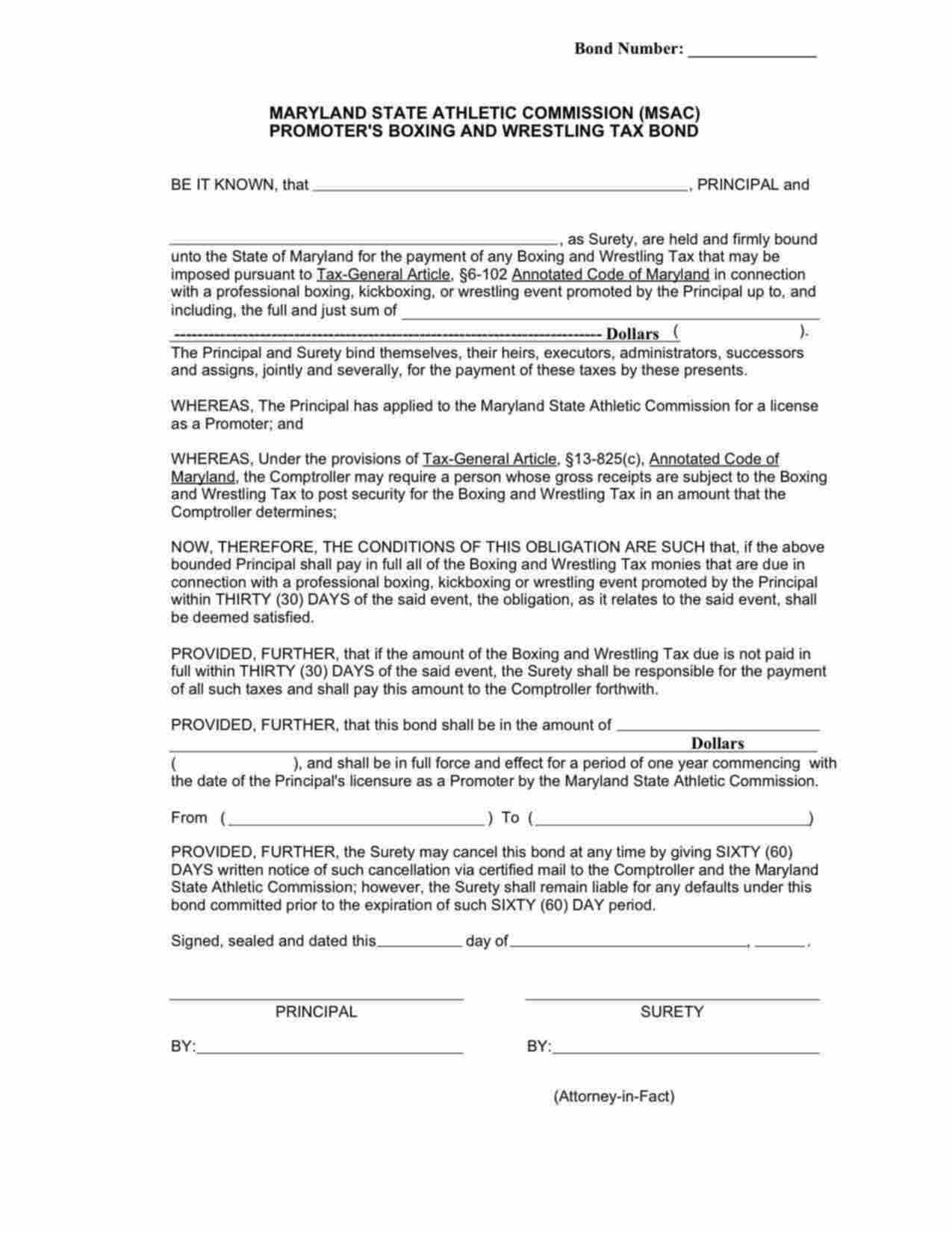 Maryland Boxing and Wrestling Promoter Tax Bond Form
