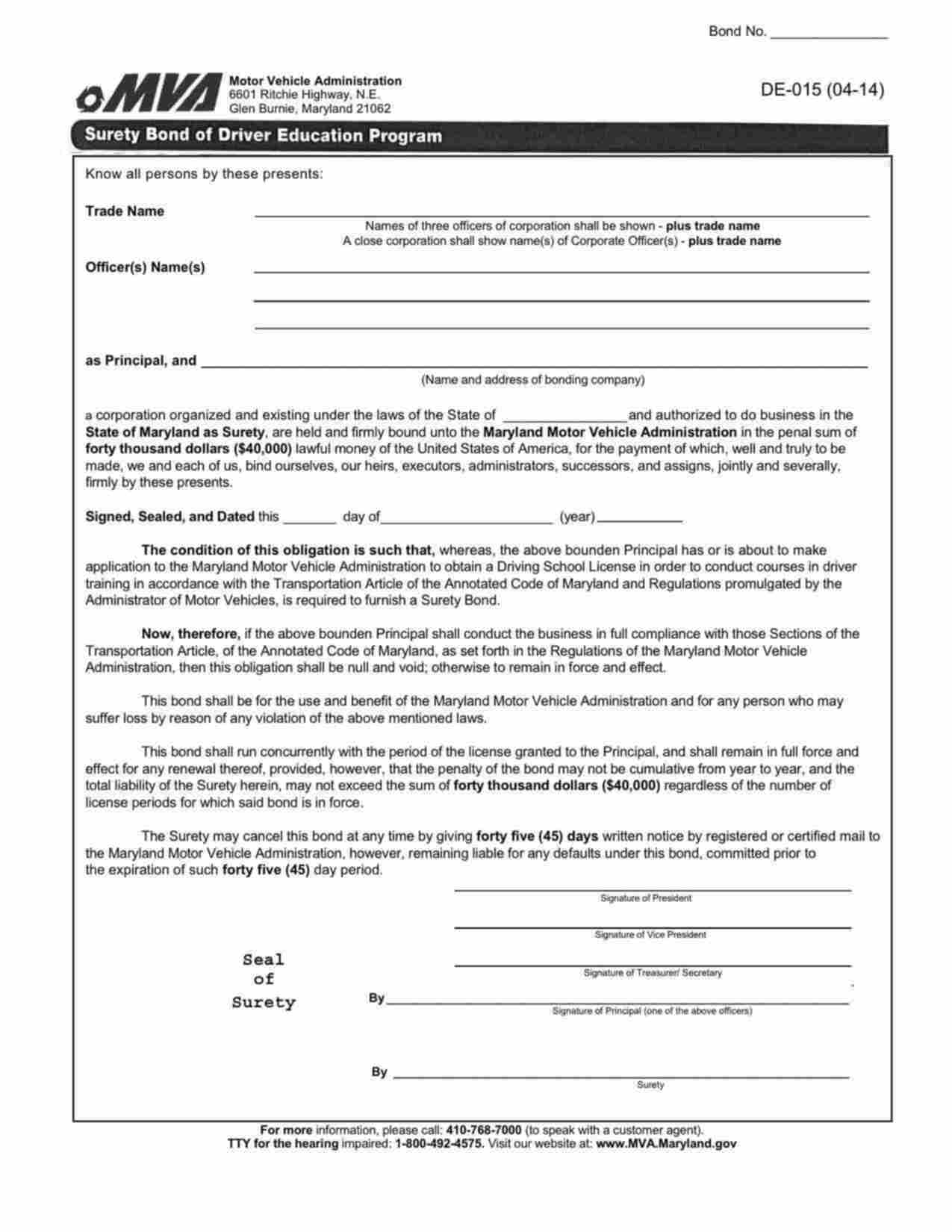 Maryland Driver Education Program Bond Form