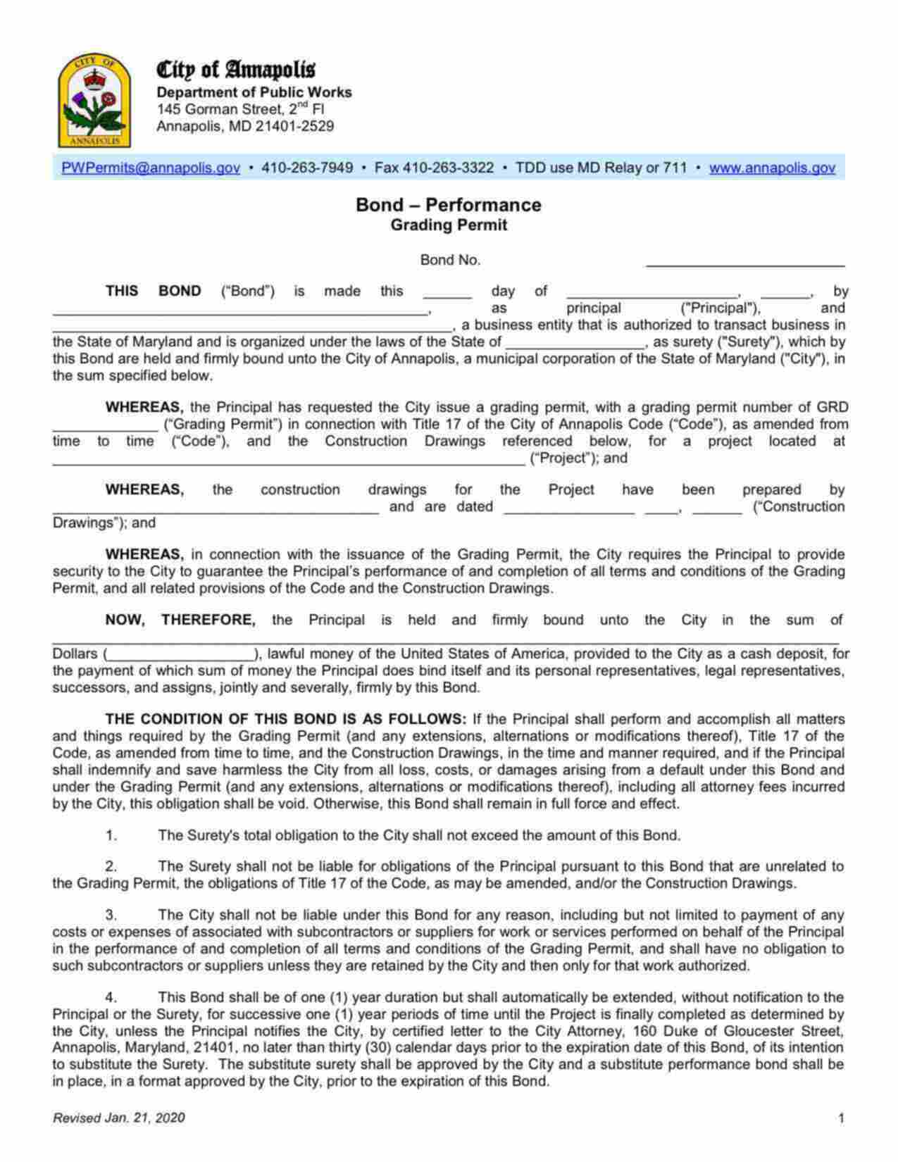 Maryland Grading Permit Performance Bond Form