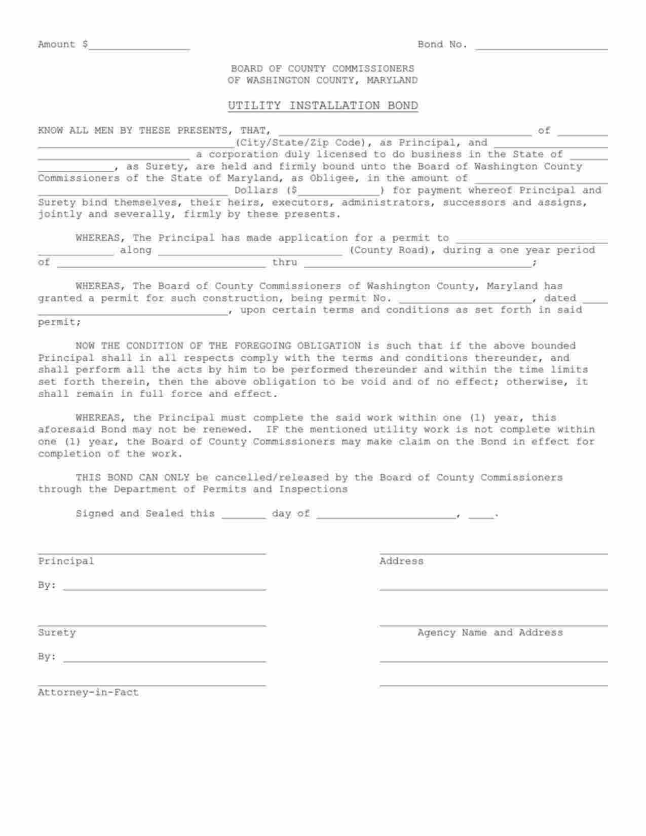 Maryland Utility Contractor Bond Form