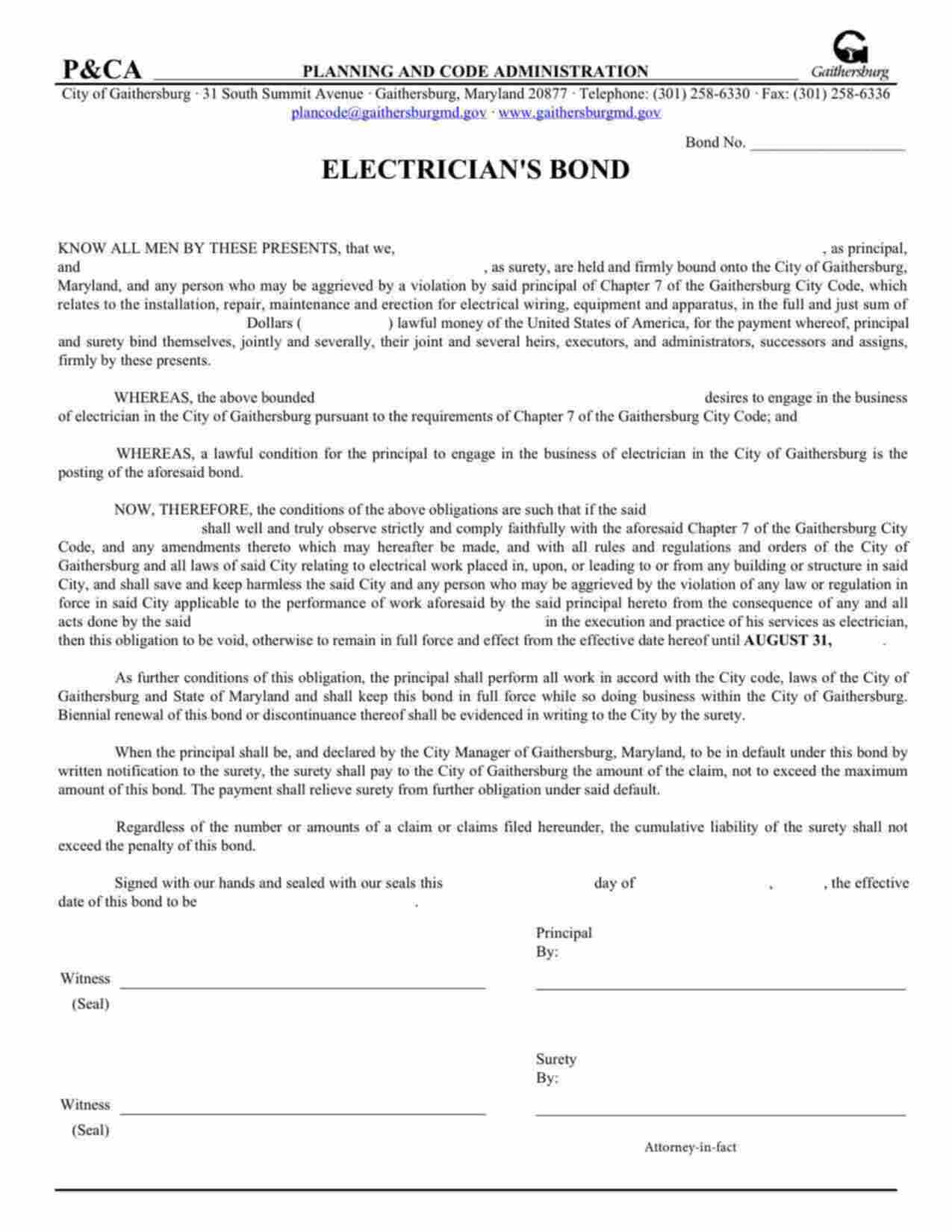 Maryland Electrician Bond Form