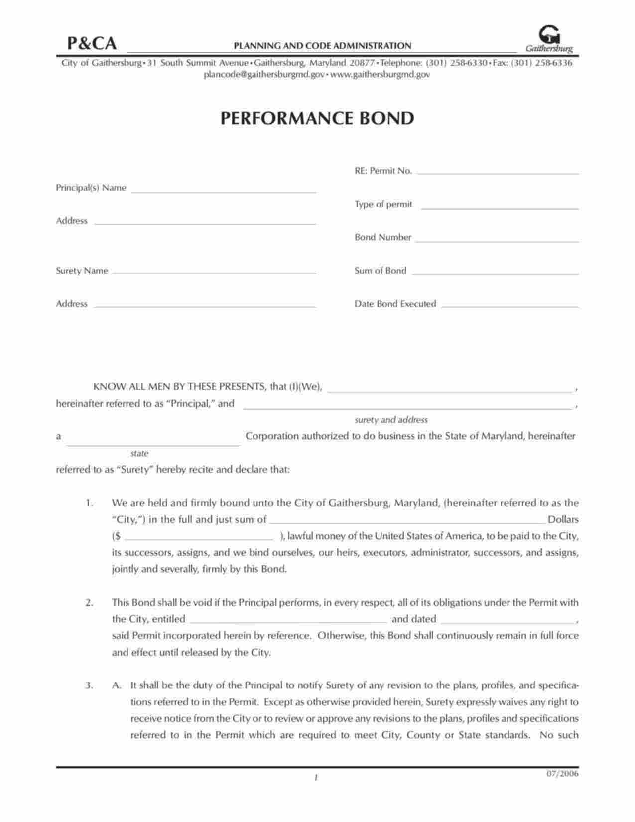 Maryland Permit Performance Bond Form