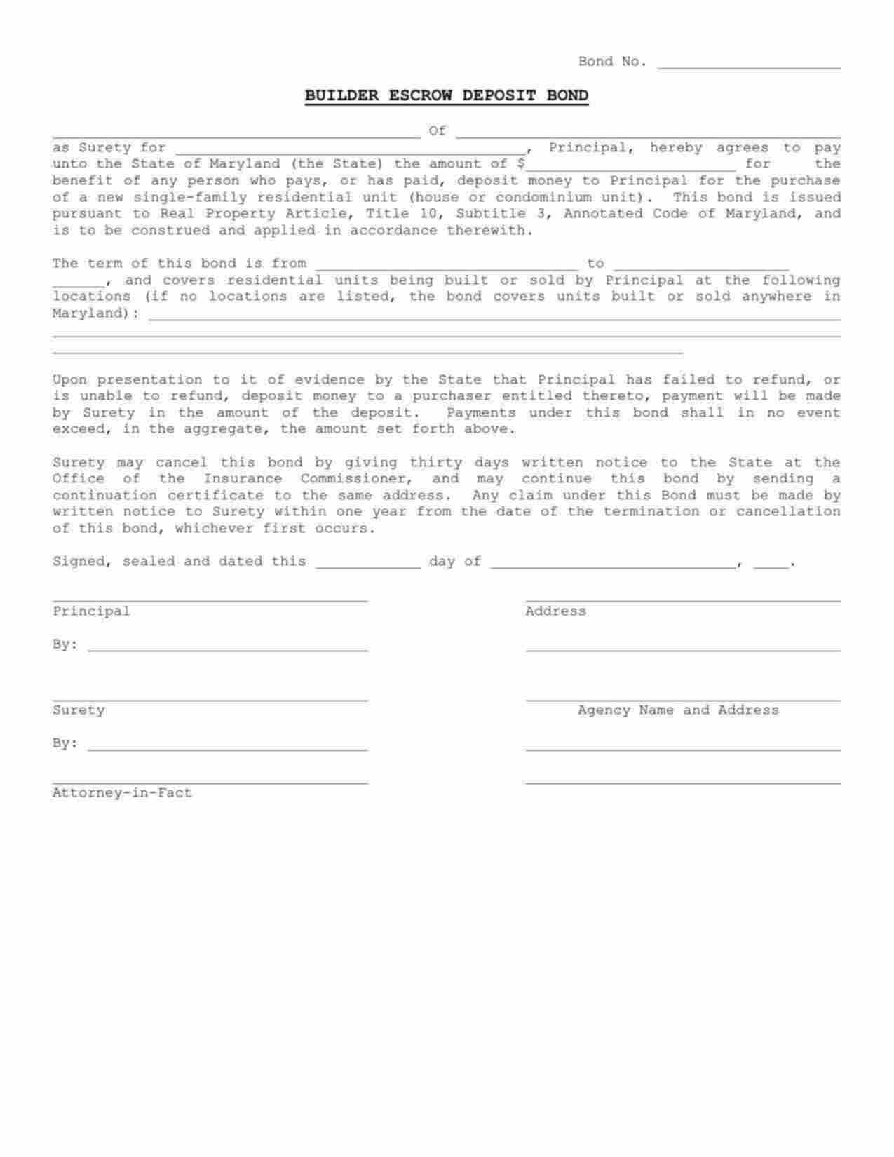 Maryland Builder Escrow Deposit Bond Form