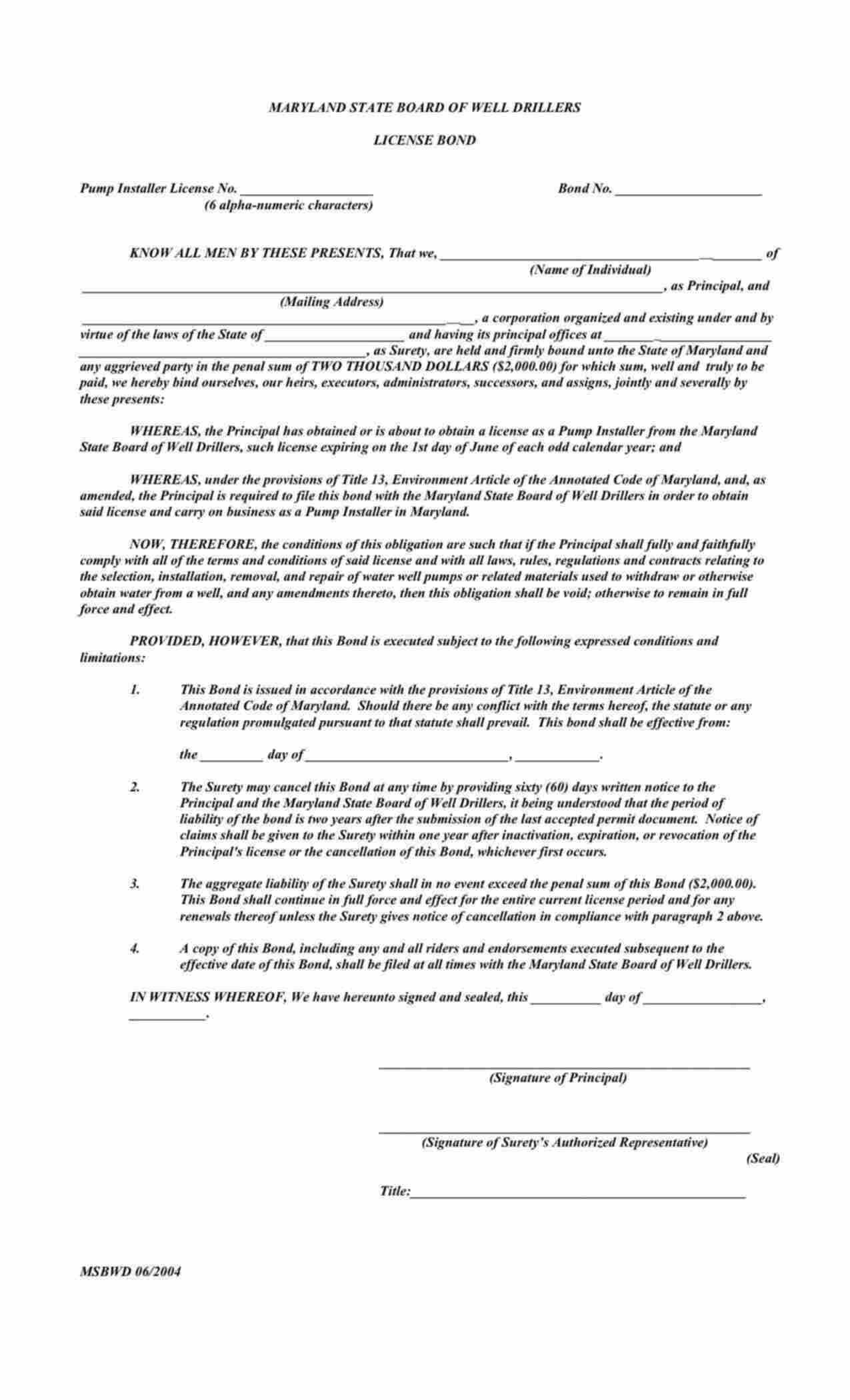 Maryland Pump Installer Bond Form