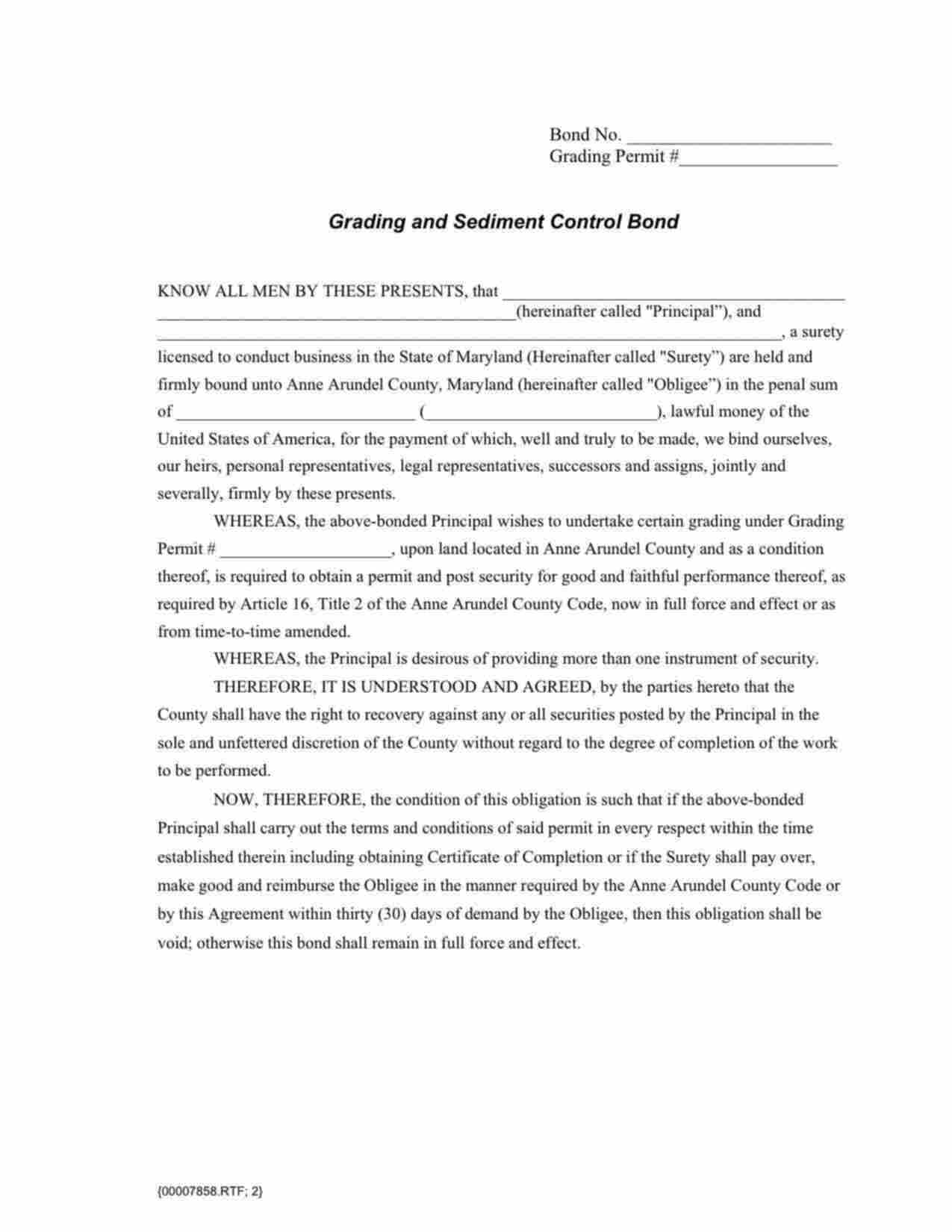 Maryland Grading and Sediment Control Bond Form