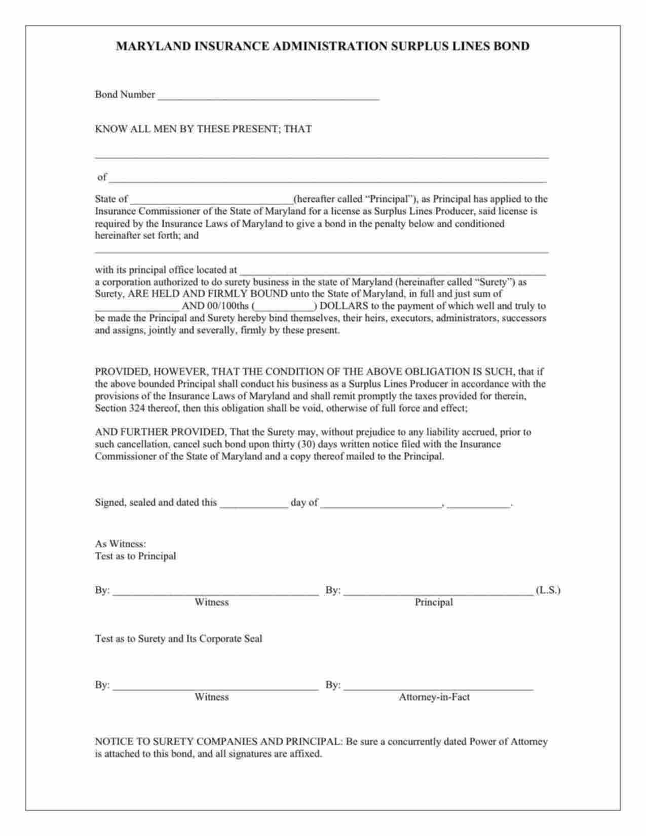 Maryland Surplus Lines Broker Bond Form