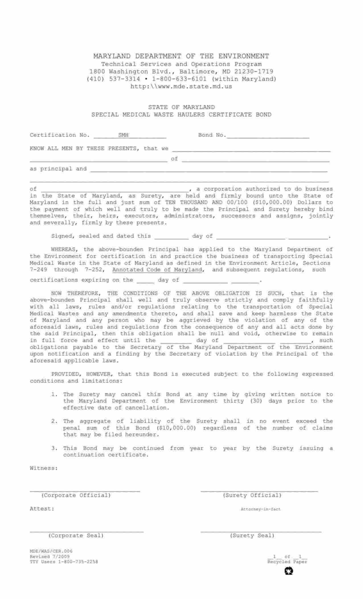 Maryland Medical Waste Hauler Bond Form