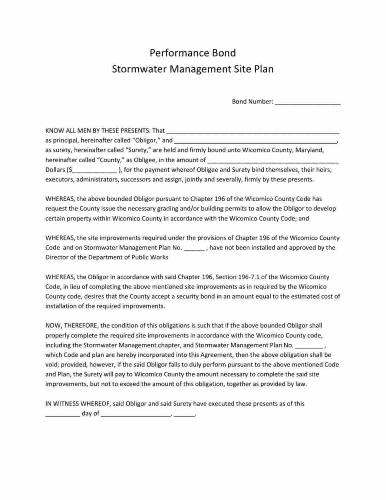 Maryland Stormwater Management Site Plan Performance Bond Form