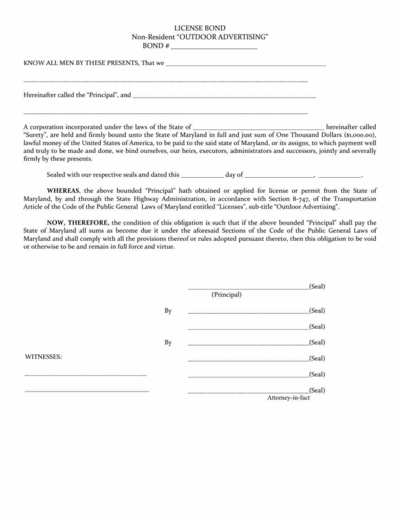 Maryland Non-Resident Outdoor Advertising Bond Form