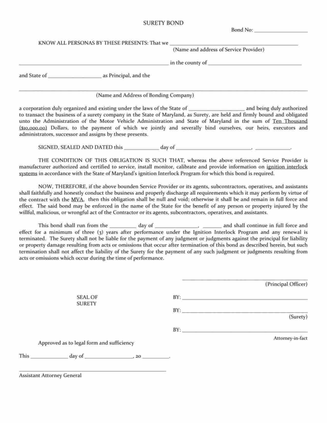 Maryland Ignition Interlock Systems Service Provider Bond Form