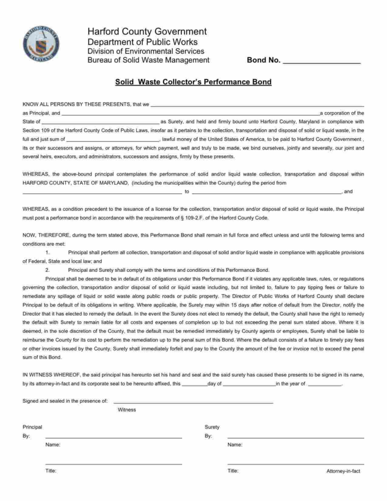 Maryland Solid Waste Collector's Performance Bond Form