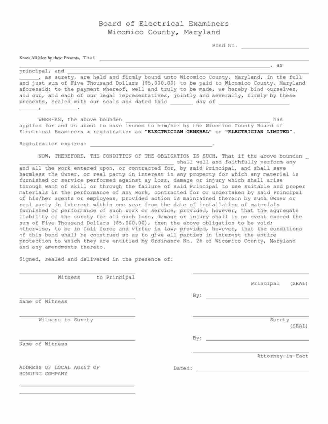 Maryland Electrician General or Limited Bond Form