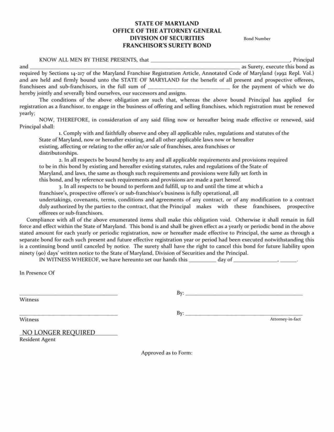 Maryland Franchisor Bond Form