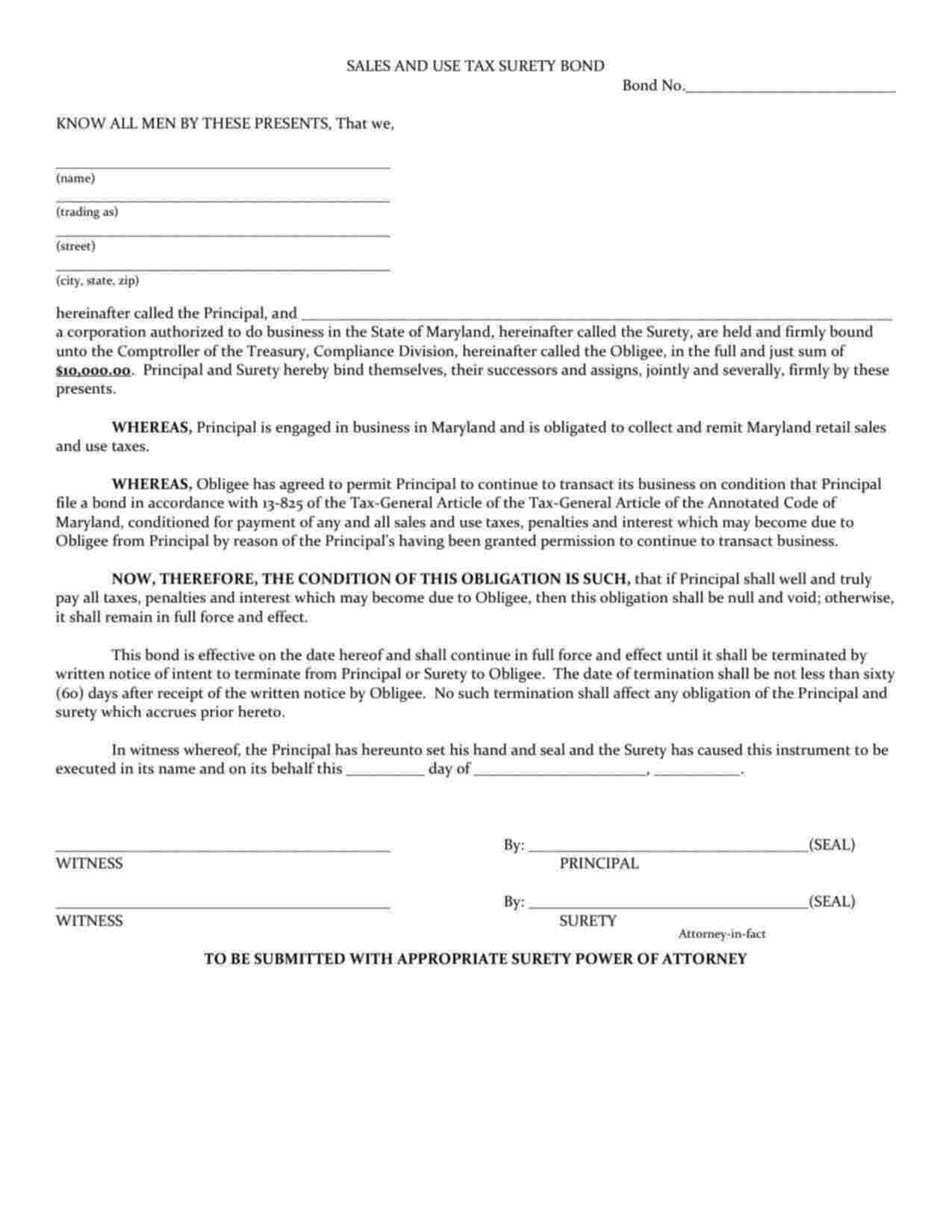 Maryland Sales and Use Tax Bond Form