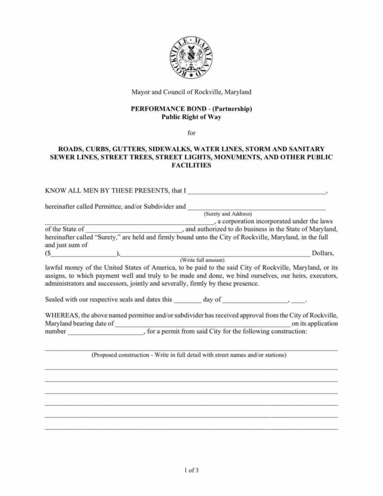 Maryland Right of Way Performance Bond Form