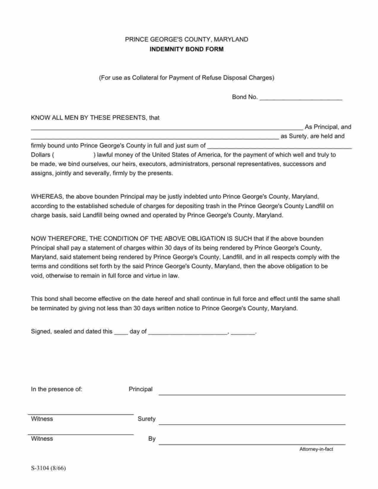 Maryland Refuse Disposal Charges Bond Form