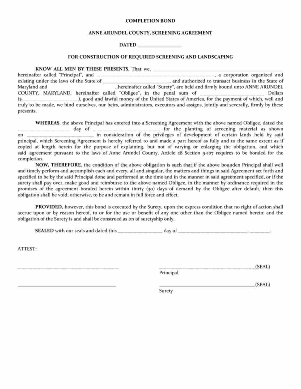 Maryland Construction of Required Screening and Landscaping Bond Form