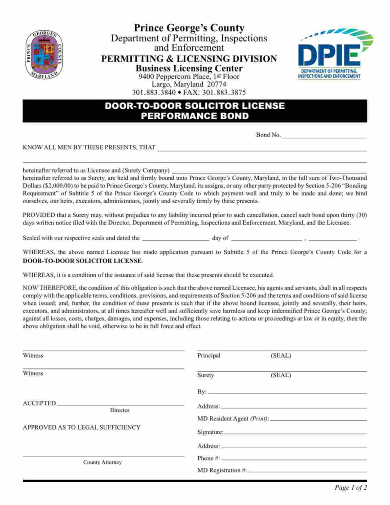 Maryland Door-to-Door Solicitor License Performance Bond Form