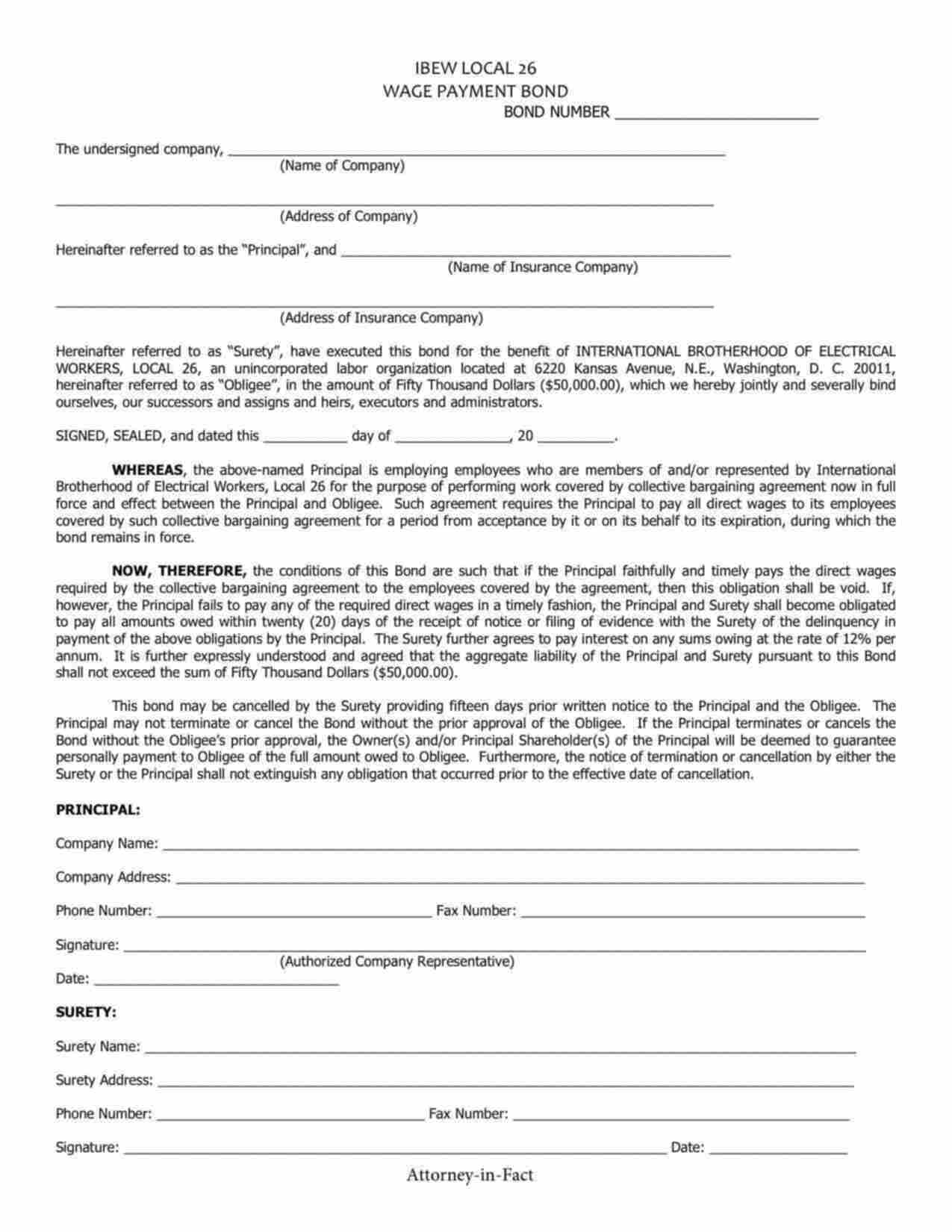 Maryland Wage Payment Bond Form