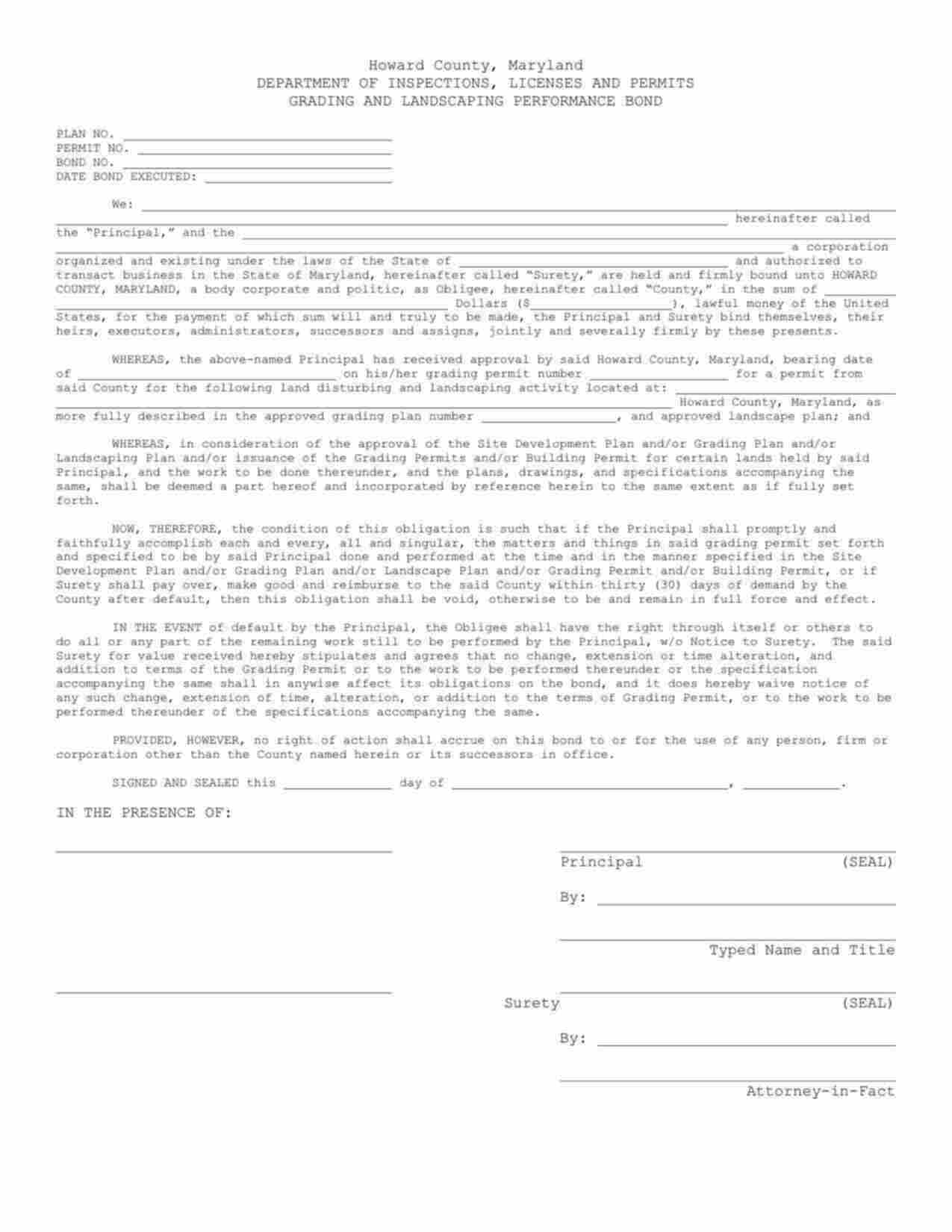 Maryland Grading and Landscaping Performance Bond Form