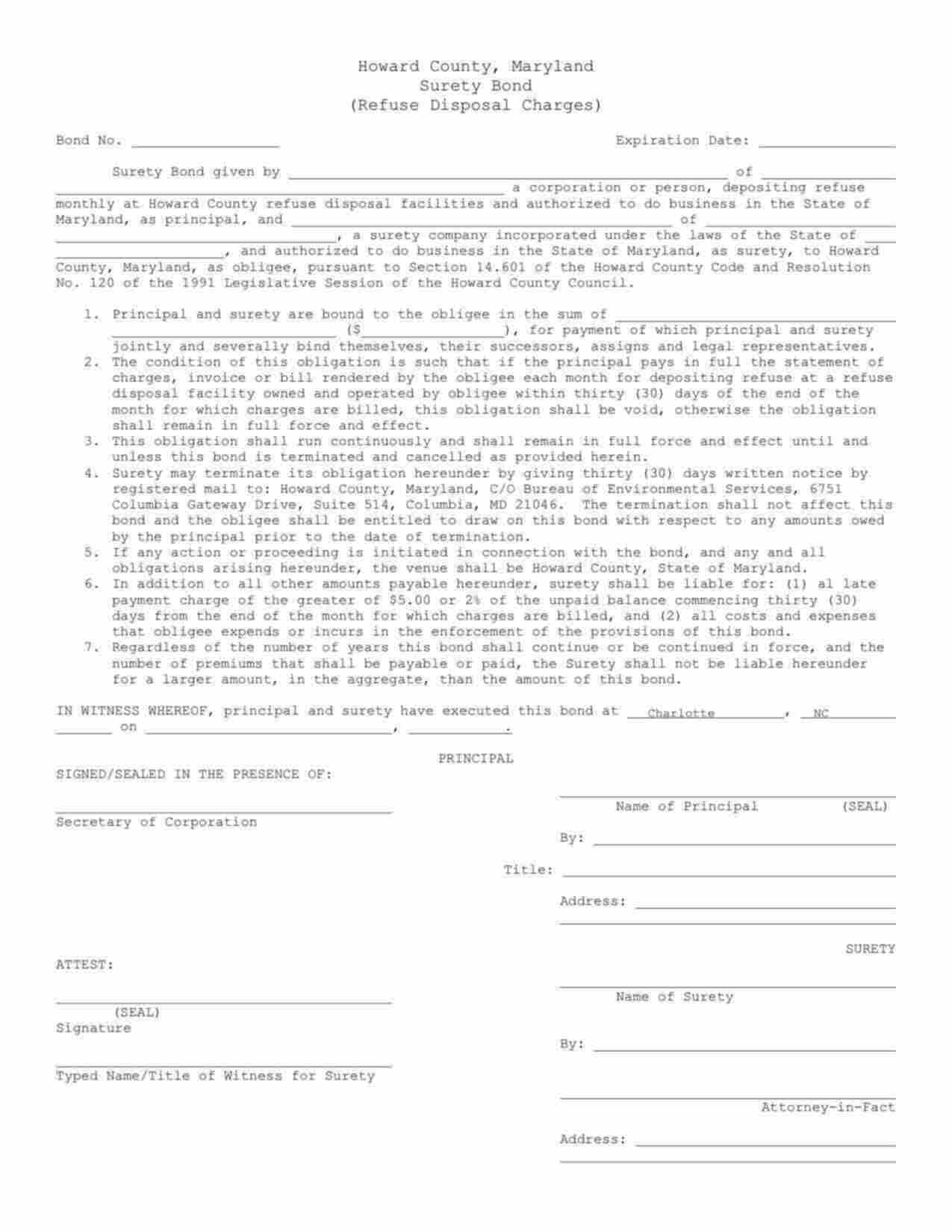 Maryland Refuse Disposal Charges Bond Form